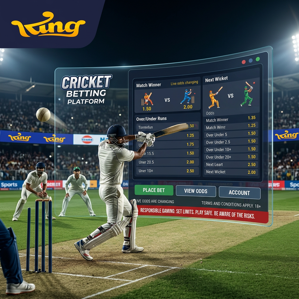 King Exchange live cricket betting platform with sports dashboard and match interface